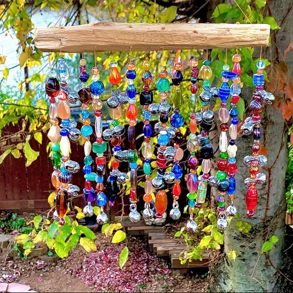 Glass Beads & Bells Wind Chime Sun Catcher Mobile With Driftwood Made To Order - Picture 6 of 10